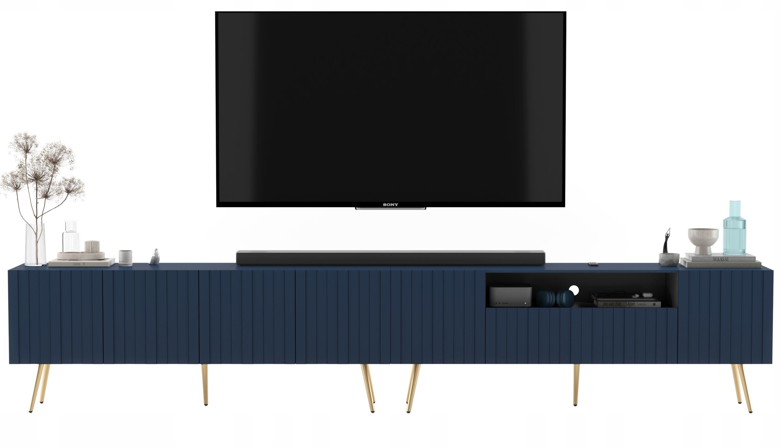 Komoda RTV Loft Szafka RTV Granatowy MAT Nowoczesna Złote Nogi Metal 300 cm