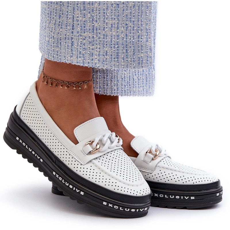 Dámské Kožené Mokasíny Na Platformě S Řetězem S.barski LR618 Bílé 36