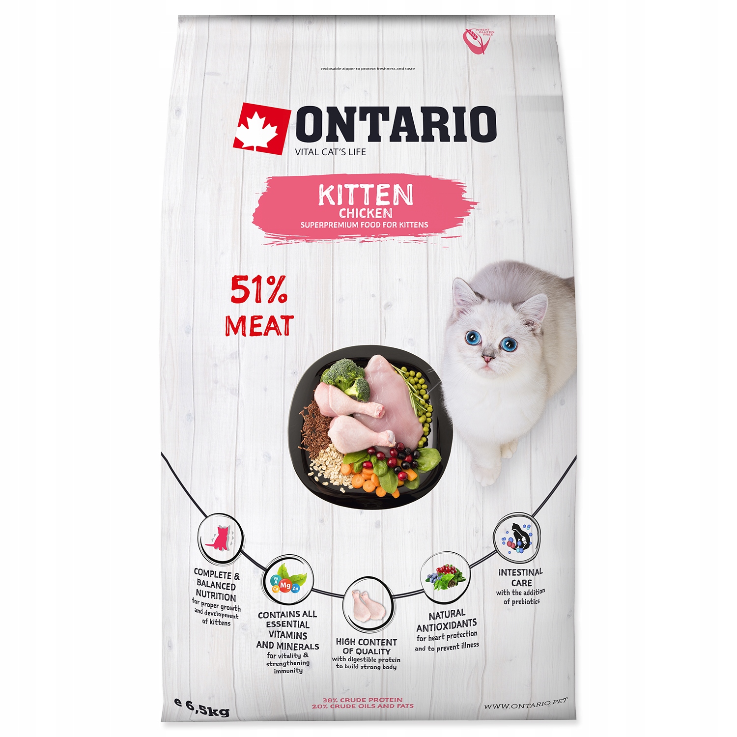 Levně Ontario Kitten Chicken 6,5 kg krmivo pro koťata s kuřecím masem