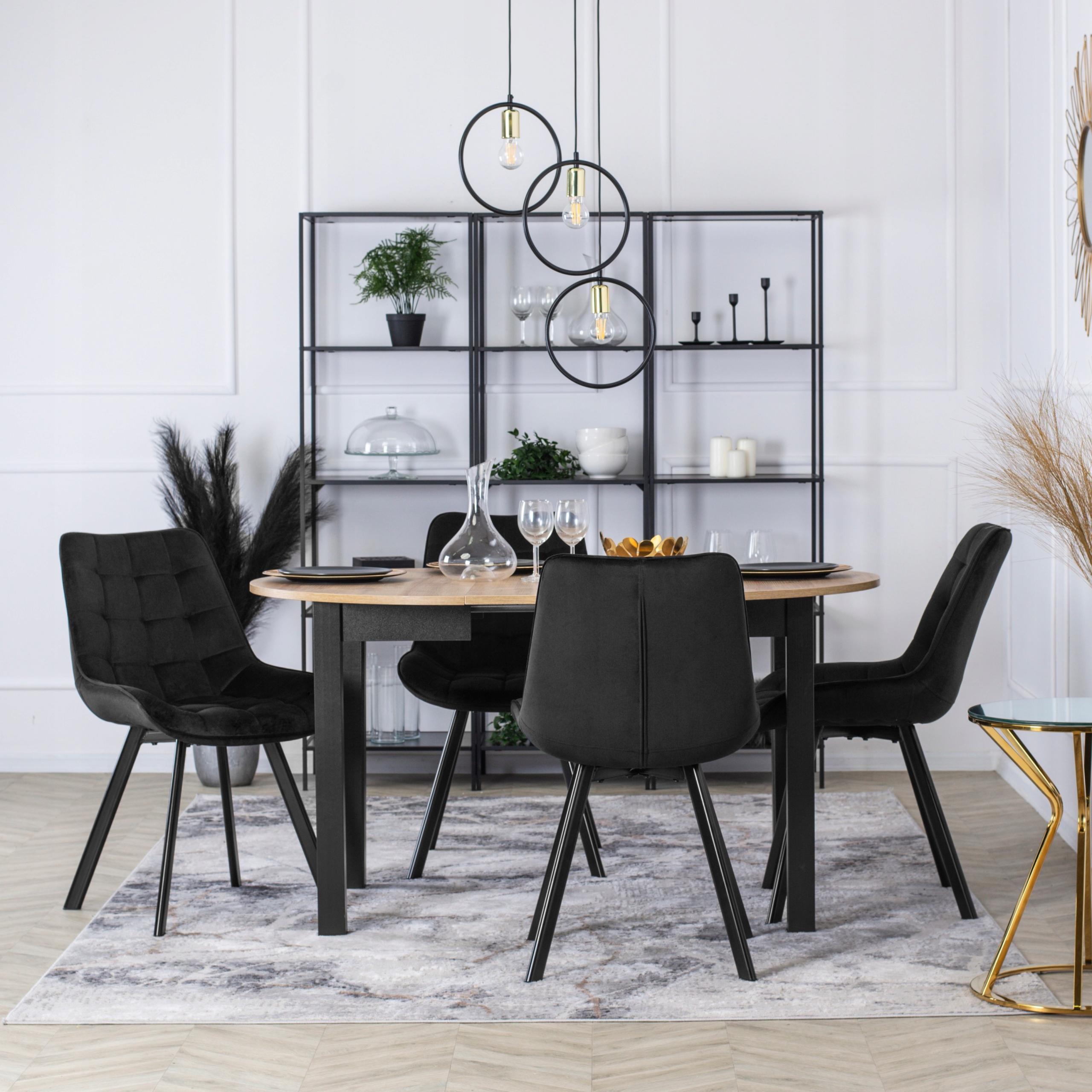 Krzesło Tapicerowane Pikowane Welurowe Loft Do Salonu Jadalni RICK Czarne Szerokość mebla 53 cm