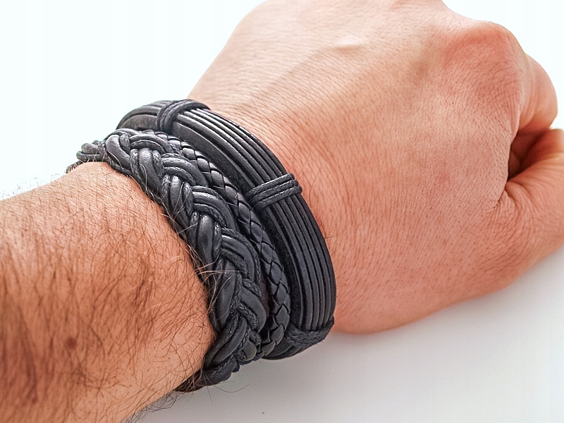 

Komplet Bransoletek, Skórzany Rzemień+sznurek Len