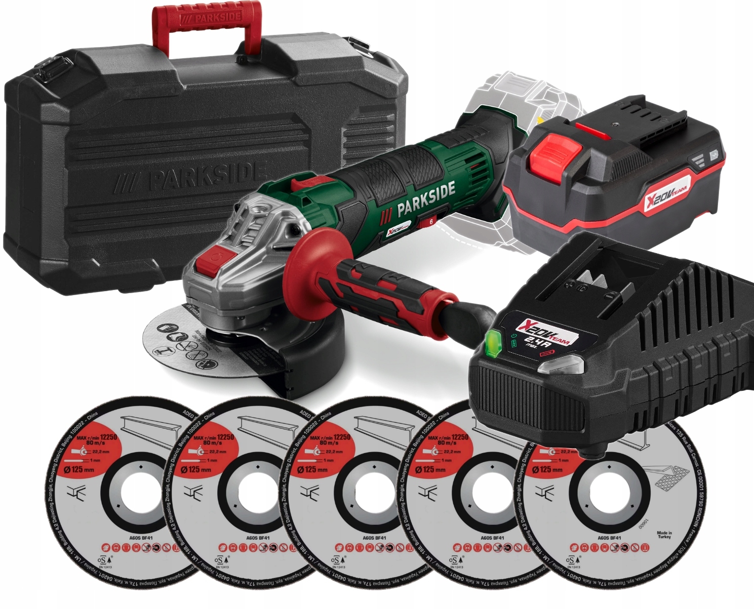 Parkside Szlifierka Pwsa 20V +Akumulator 4Ah +Ładowarka +Walizka +Tarcze