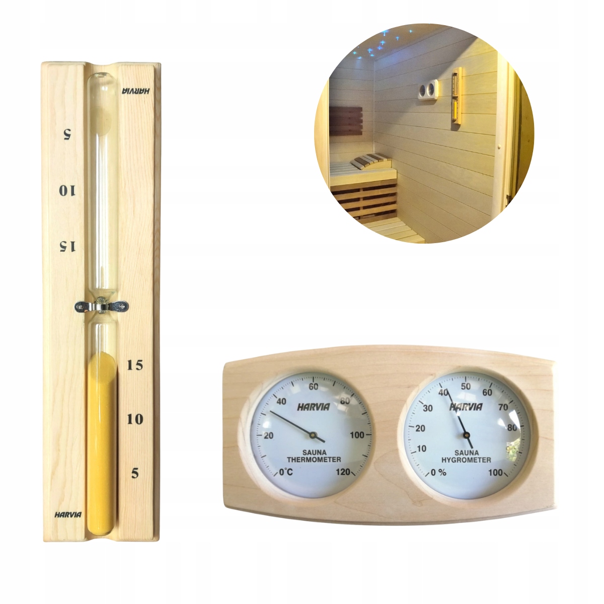 Sada príslušenstva pre borovicovú saunu Harvia Termo-Hygrometer Presýpacie hodiny 15 Min