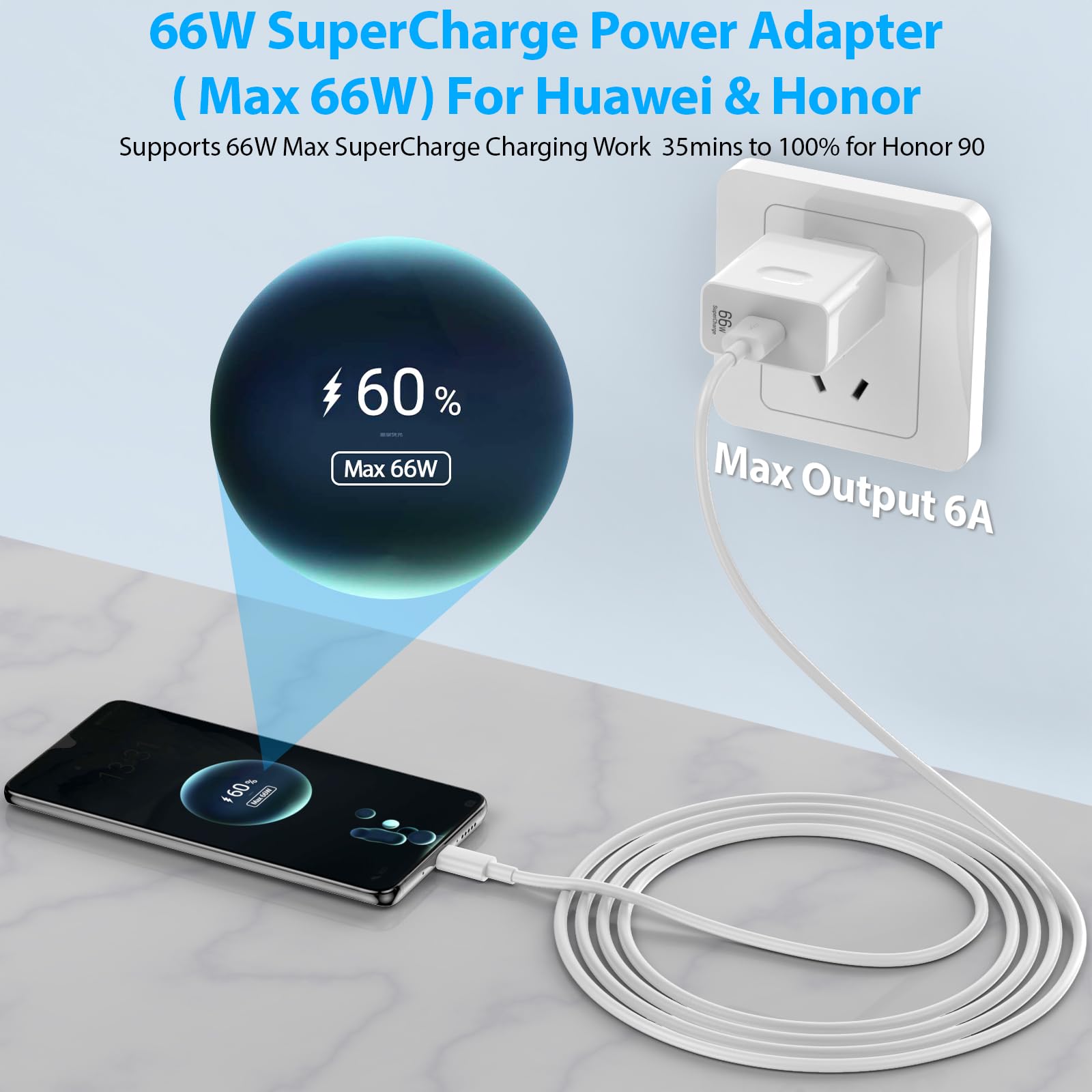 HUAWEI Honor Szybka Ładowarka 66W USB C Kabel Adapter do Honor 90 80 70 — miniatura 6