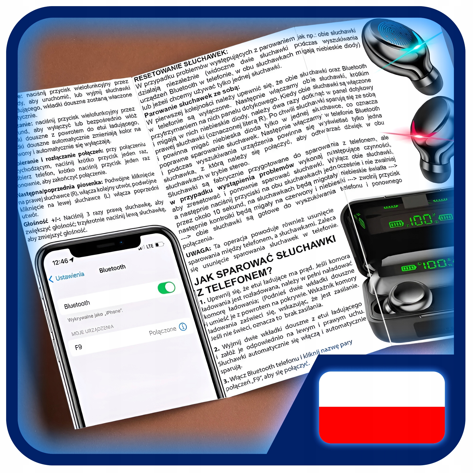 SŁUCHAWKI BEZPRZEWODOWE BLUETOOTH 5.1 F9 - PRO MODEL 2023 TWS + POWERBANK Zasięg 20 m