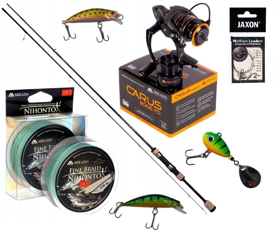 Zestaw Spinning Na Okonia Wędka Kołowrotek Plecionka Mikado Wobler