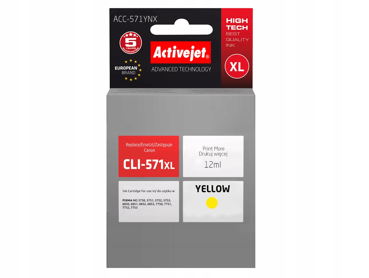 

Tusz Activejet Do Canon CLI-571Y Chip 12ml Yellow