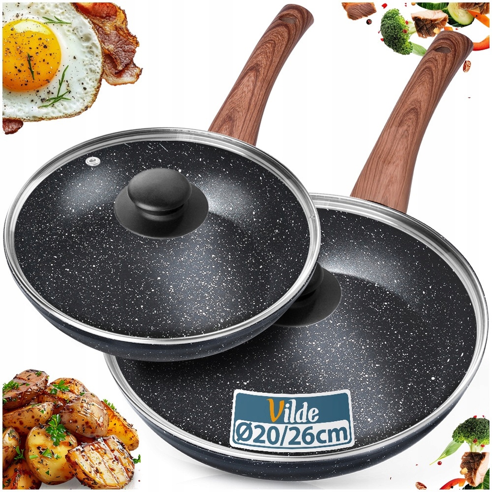 2x Granitová pánev na smažení a dušení, sada s poklicí 20 26 cm