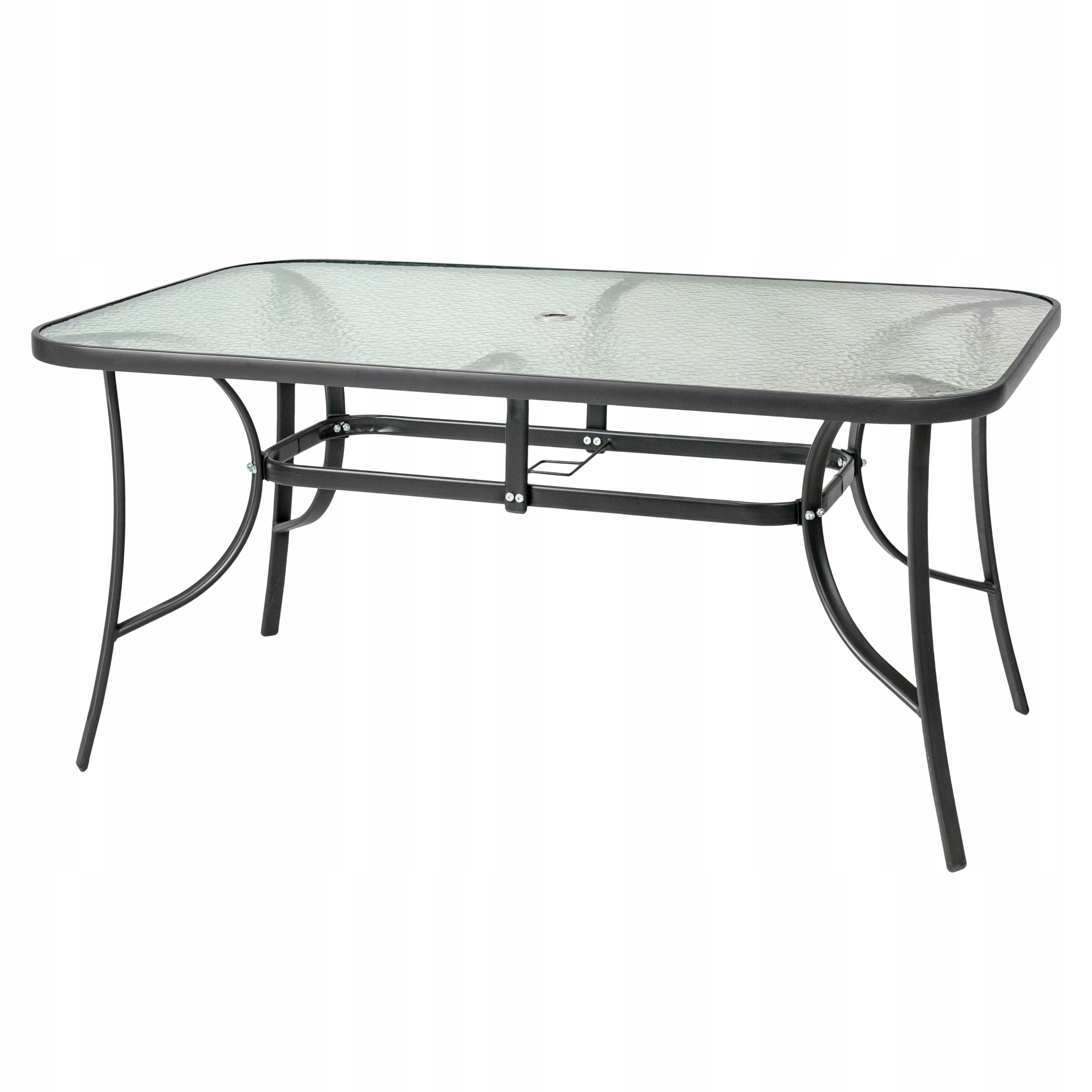 Stół ogrodowy na balkon taras ze szklanym blatem otwór na parasol w blacie