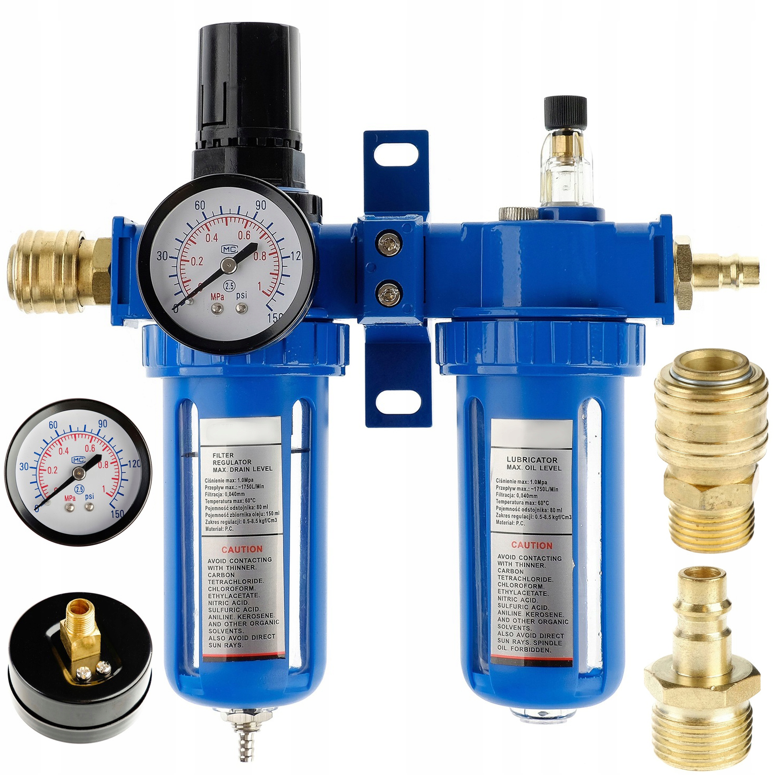 Filtr Reduktor Odwadniacz Naolejacz Odolejacz 1/2 Manometr Złączki 0-150psi