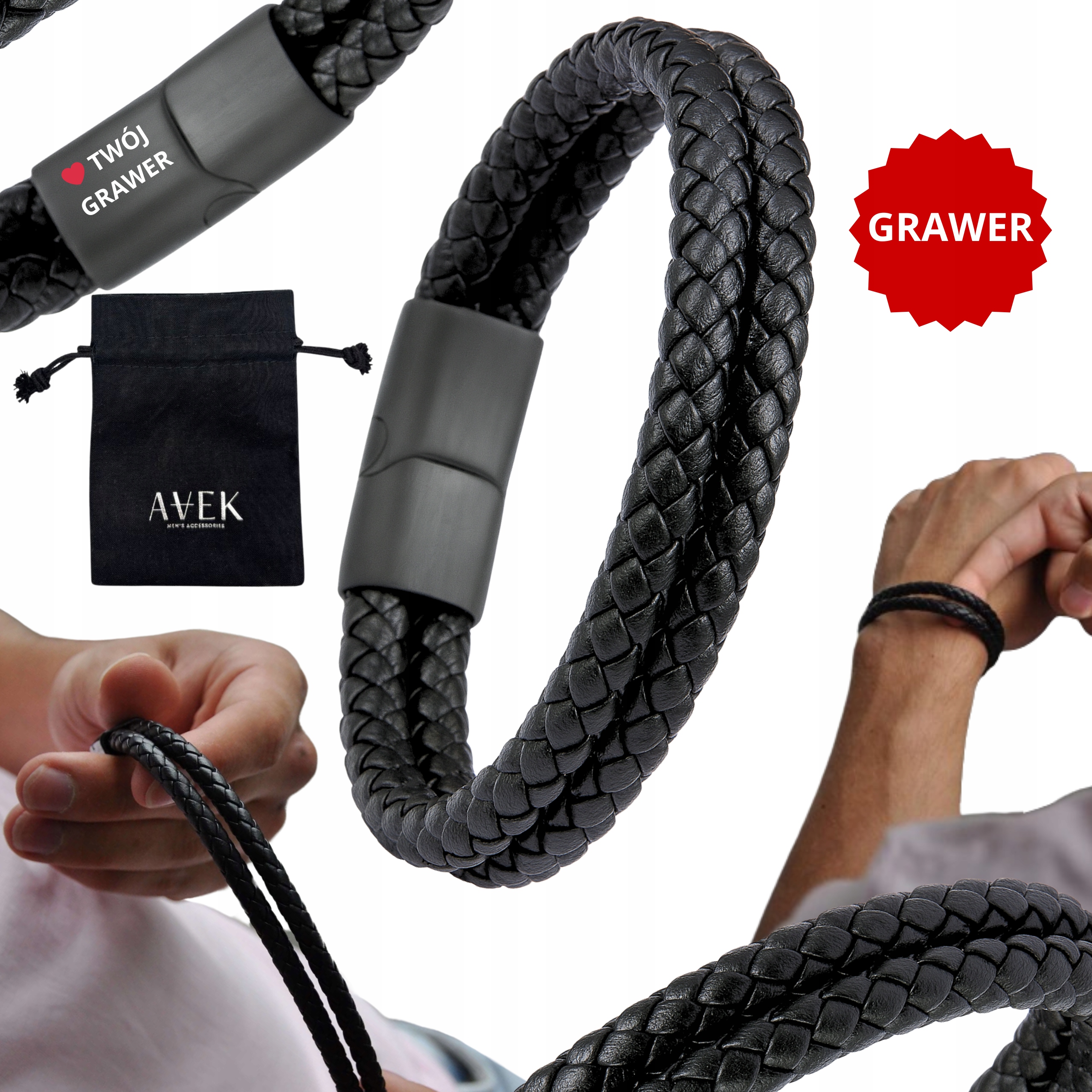 Pánský Kožený Náramek S Gravírováním Gravírování Černý Pletený Dárek 21 CM