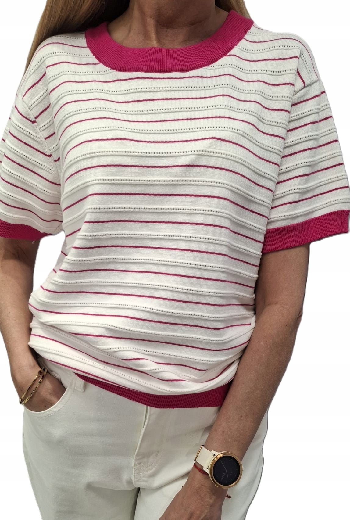 Cocomore Svetr Ažurová halenka s pruhy Bílá Růžová Amarantová Novinka