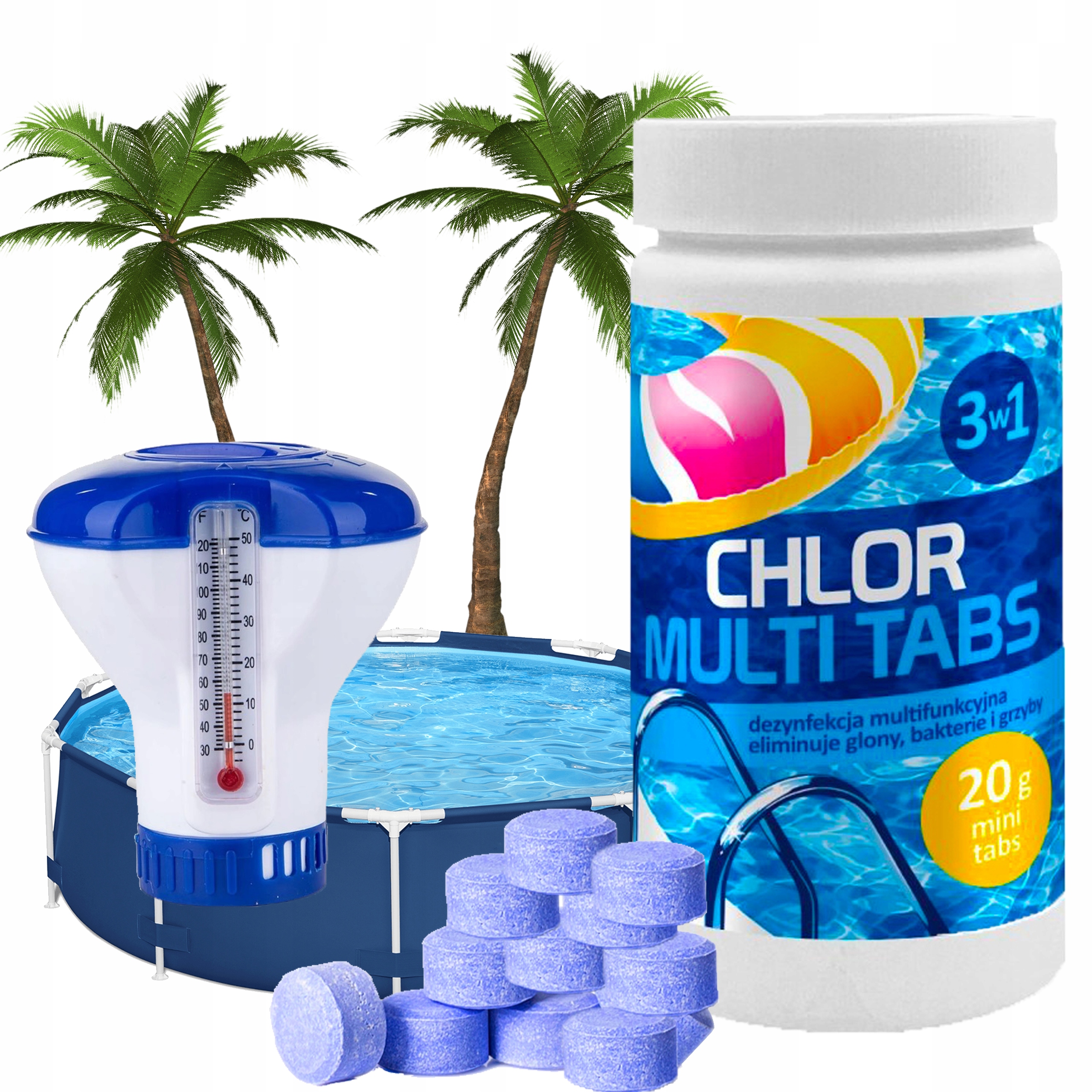 ZESTAW MULTI TABLETKI BLUE DO BASENÓW CHLOR PŁYWAK Z TERMOMETREM