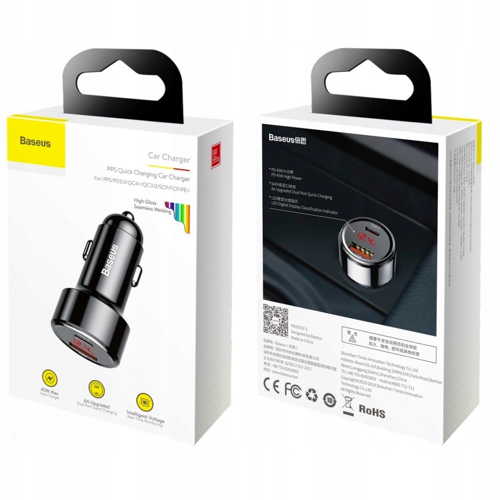 BASEUS ŁADOWARKA SAMOCHODOWA USB-C PD QC 4.0 45W Złącza USB typ C USB