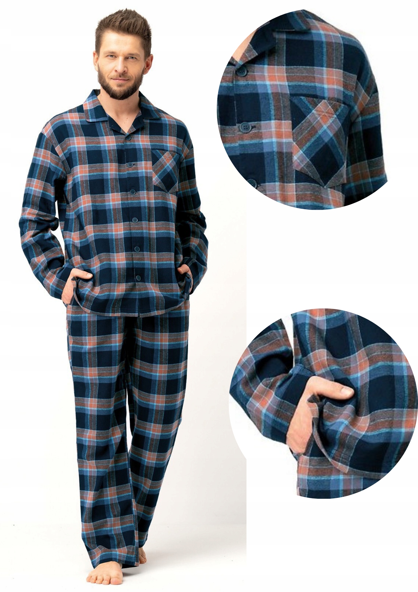 Key Mns 431 pánské pyžamo rozepínací bavlněná flanelová námořnická modrá kostkovaná tkanina L