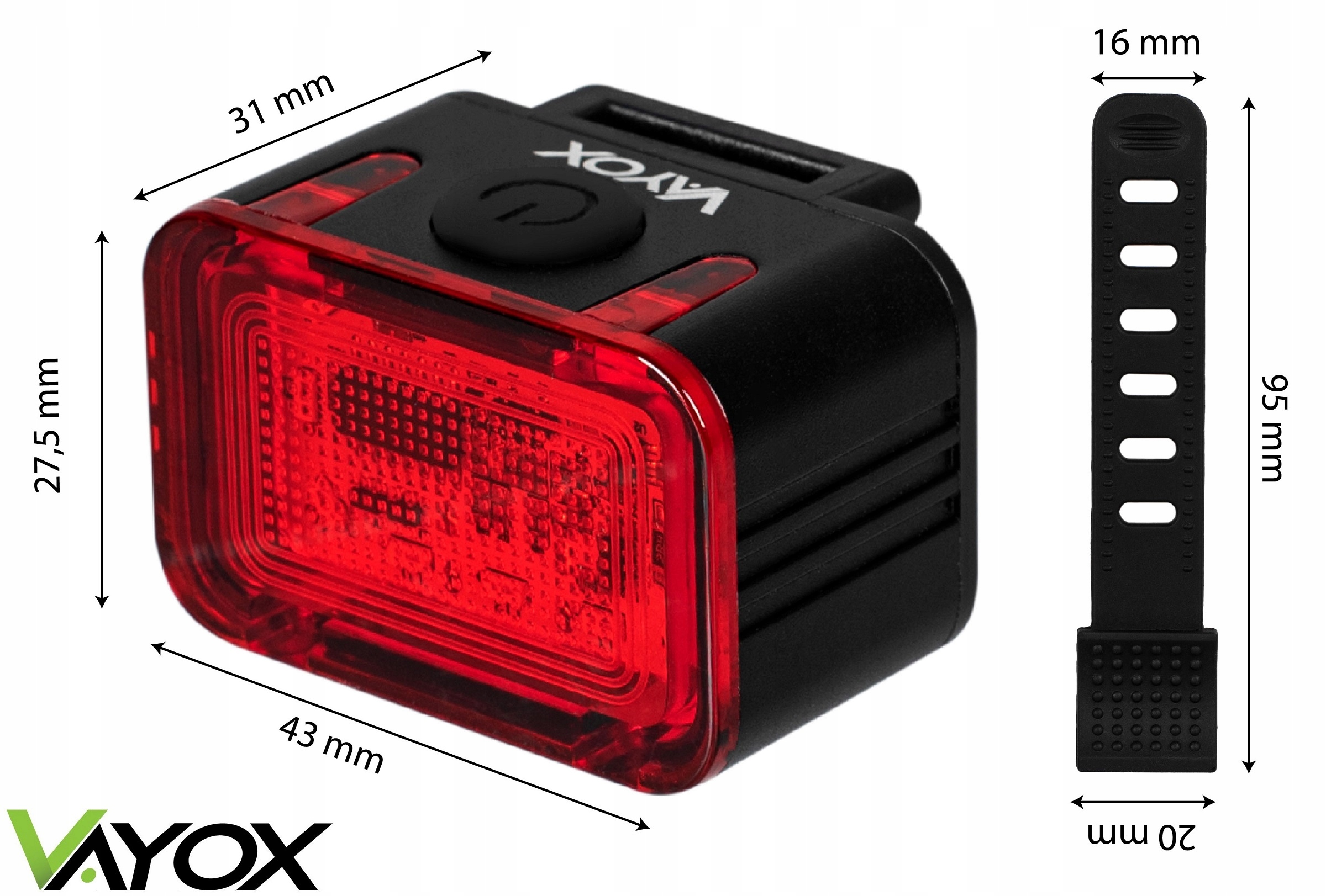 LAMPKA ROWEROWA TYLNA AKUMULATOROWA OŚWIETLENIE USB-C ALUMINIUM 300lm VAYOX Model OŚWIETLENIE ROWEROWE TYLNE VA0152