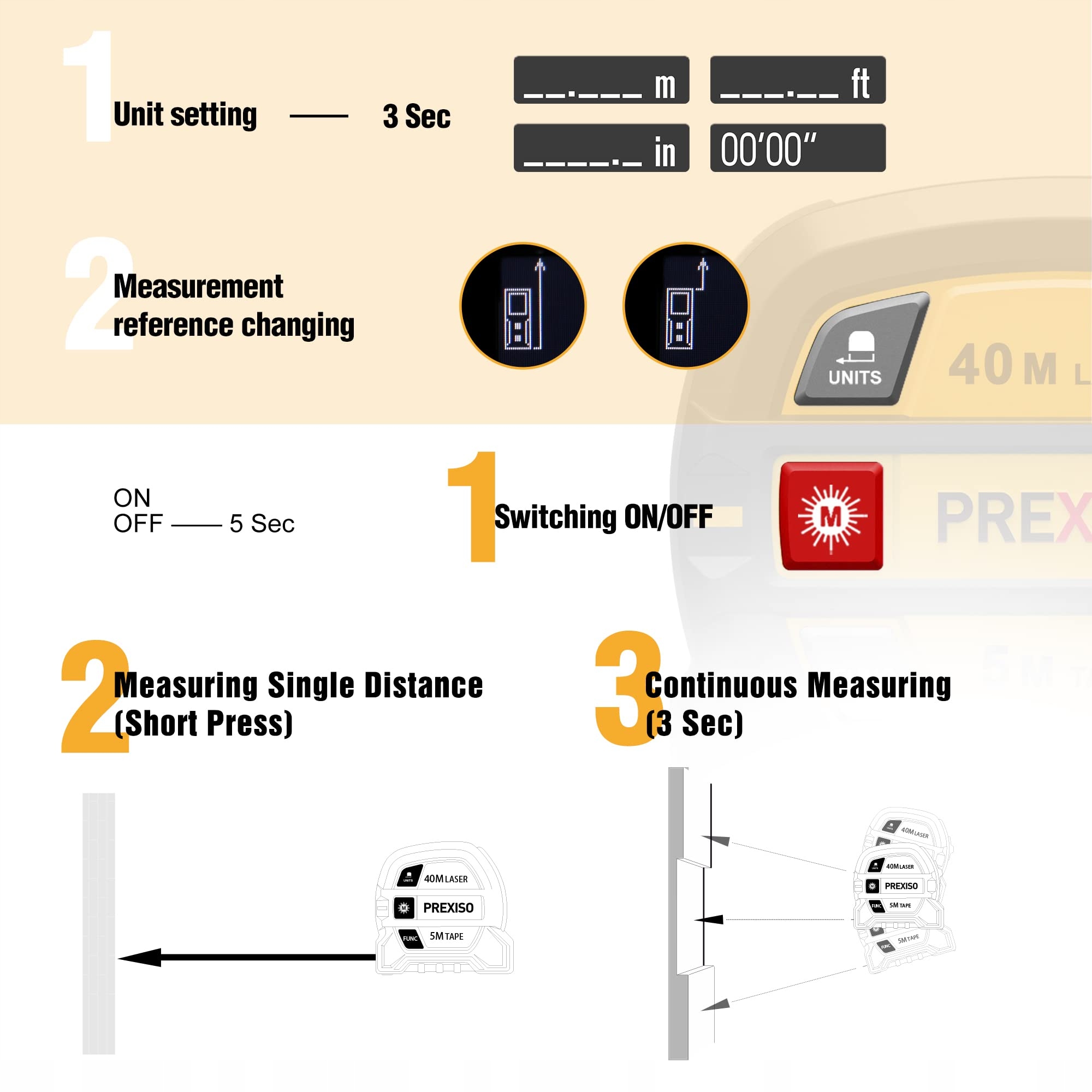 PREXISO Dalmierz Laserowy 40m LCD Miernik Wielofunkcyjny Z Miarką 5m — miniatura 5