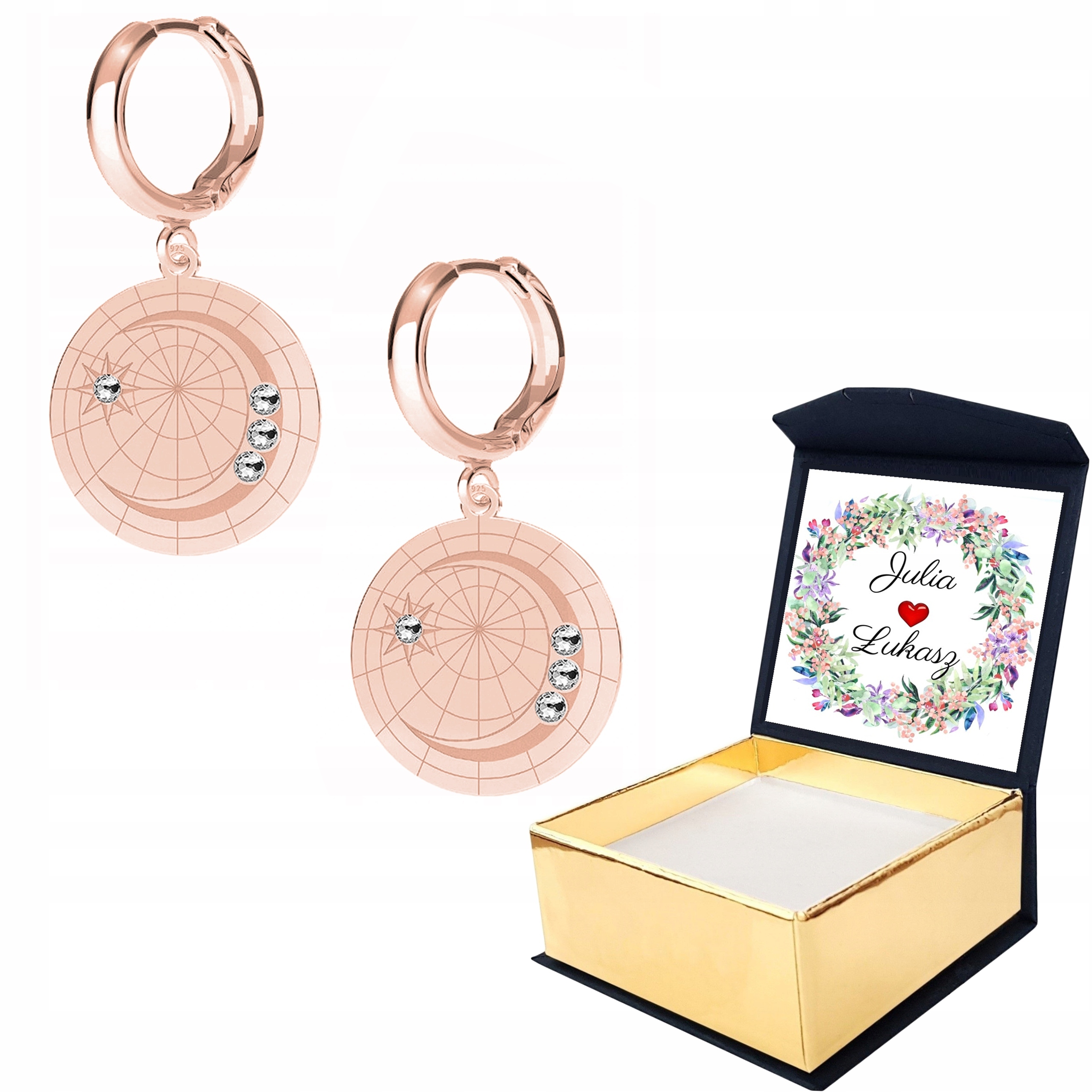 Náušnice růžové zlato Měsíc Zirkony Vlastní Potisk