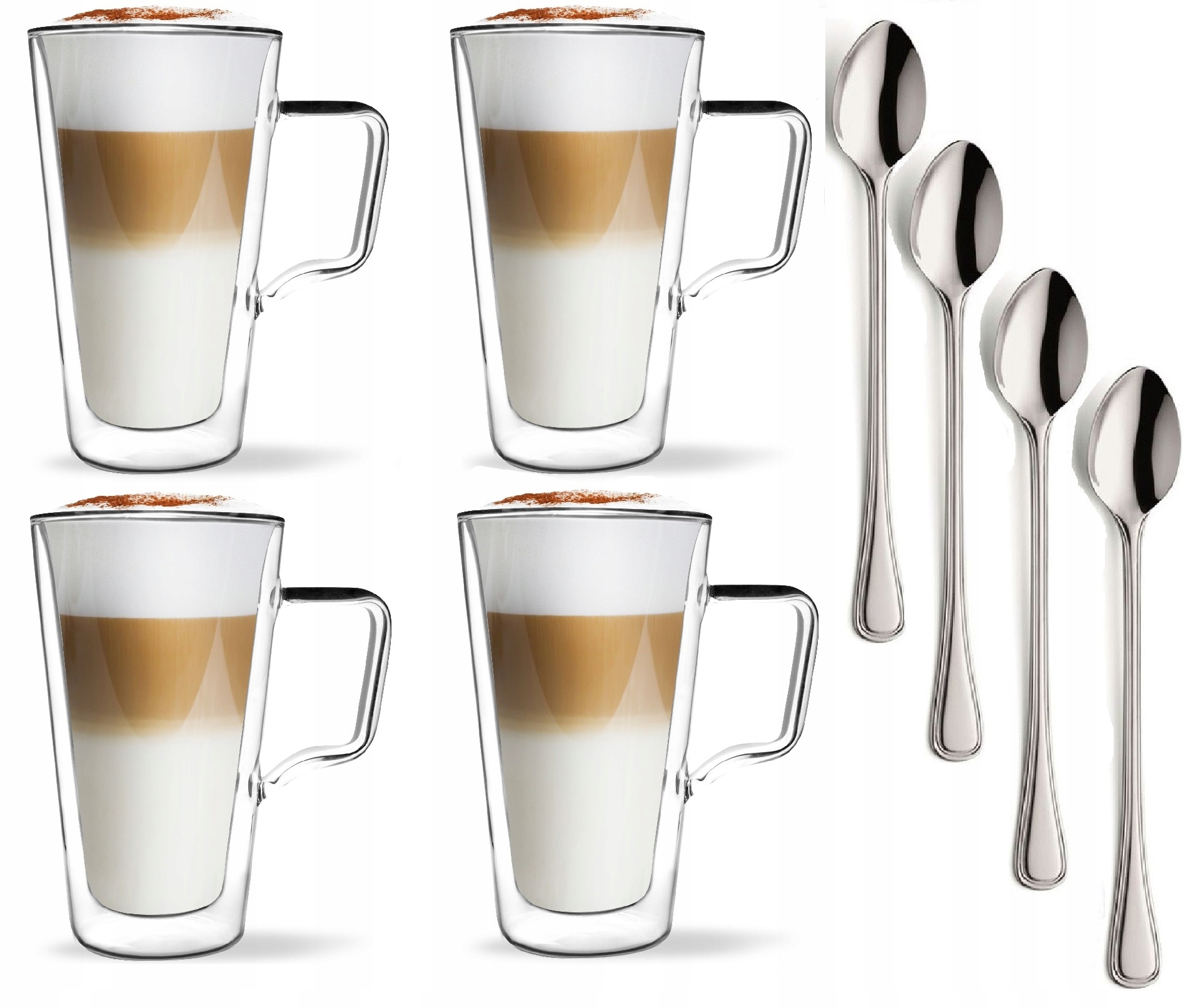 Szklanki 4 Termiczne Wysokie Kawy Latte Cappucino Herbaty Łyżeczki Długie