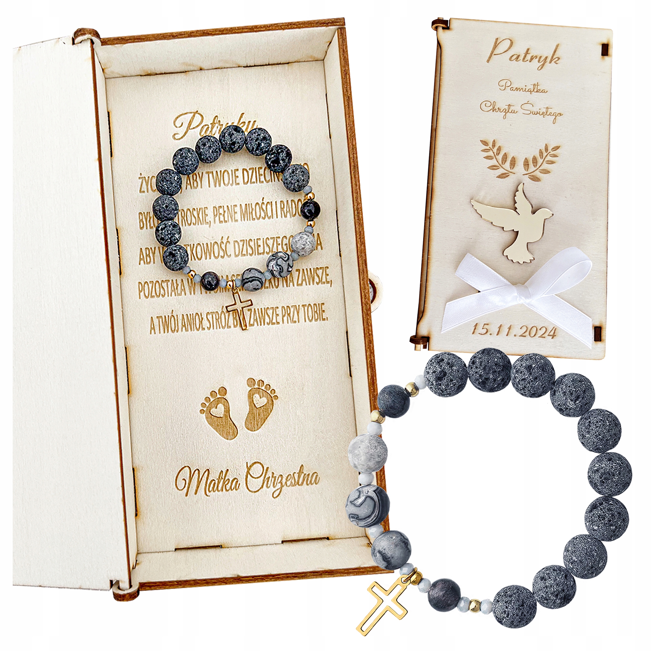 dárek Na Křtiny pro chlapce Box Krabička Dřevěná S Náramkem Růženec