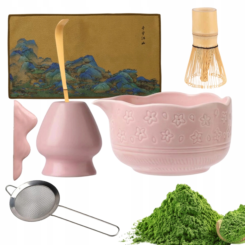 Zestaw Do Matcha Ceramiczny 450ML Różowy Z Naturalnym Bambusem