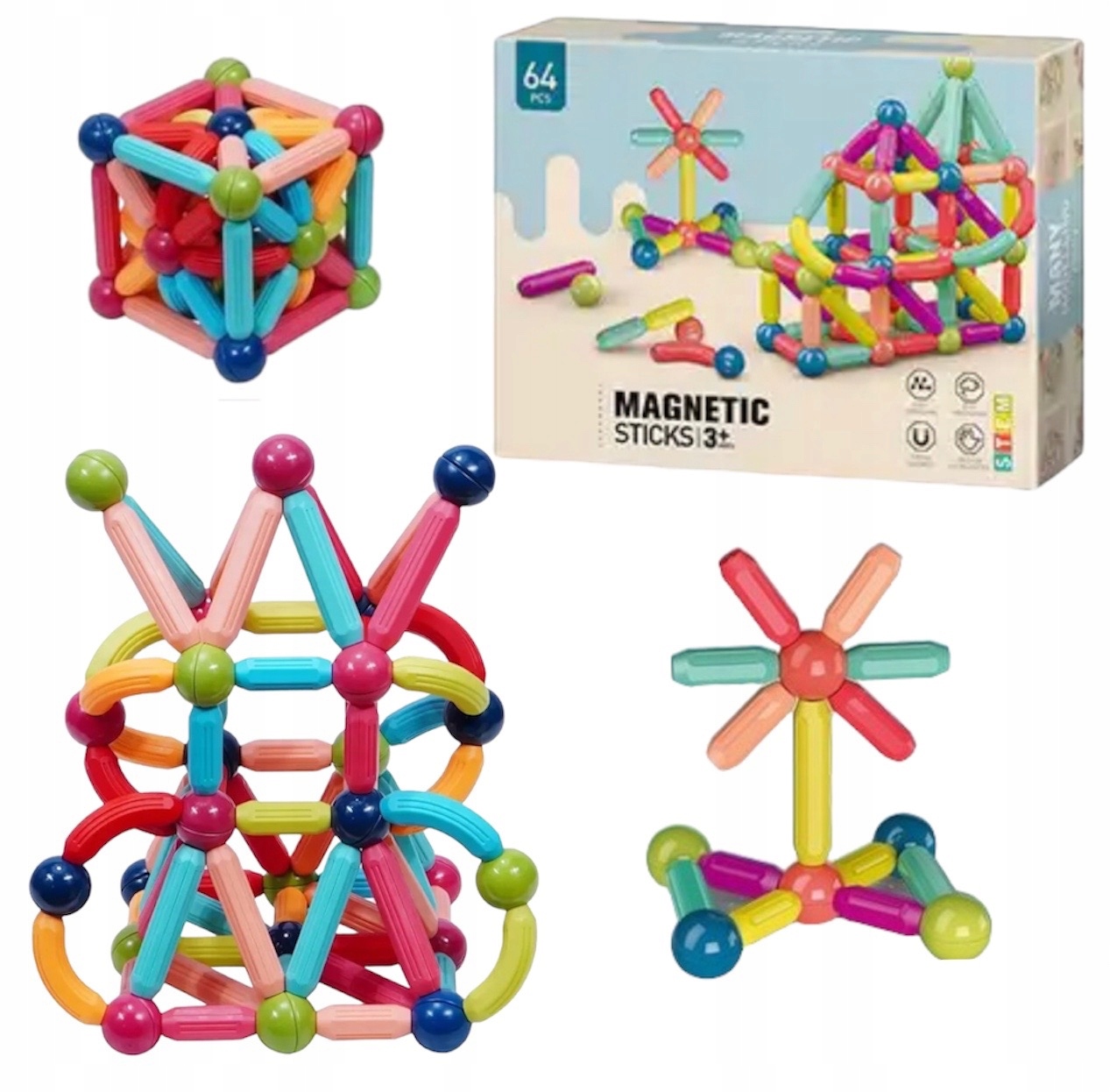 DUŻE KLOCKI MAGNETYCZNE KONSTRUKCYJNE MAGNETIC STICKS 64 sztuk Liczba elementów 64 szt.