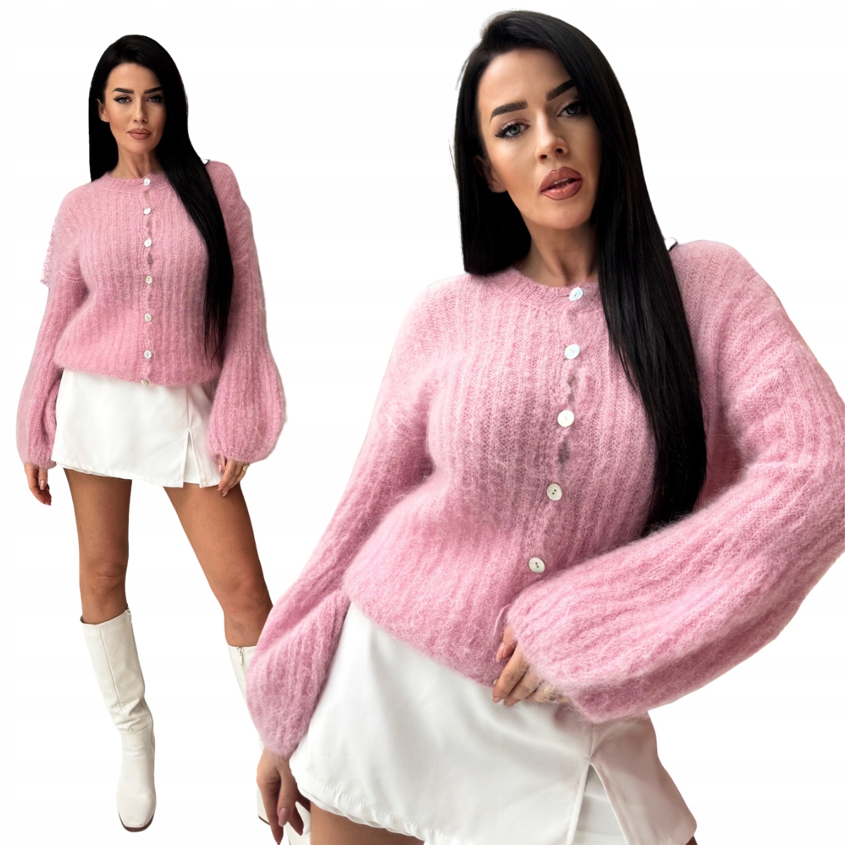 Mohérový svetr na knoflíky rukáv zvonek růžový teplý One size