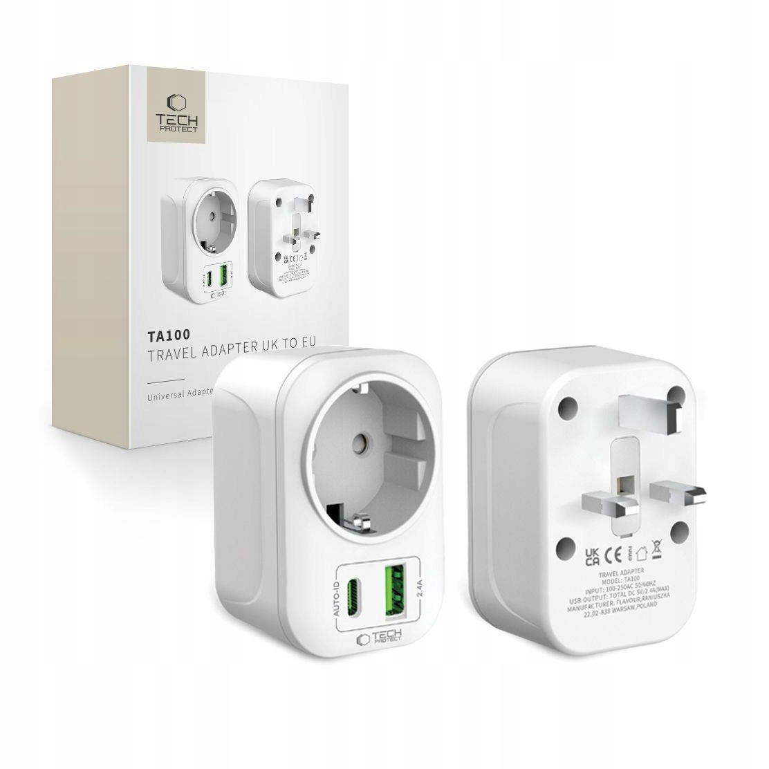 Adapter z Eu na Uk Tech-Protect TA100 biały