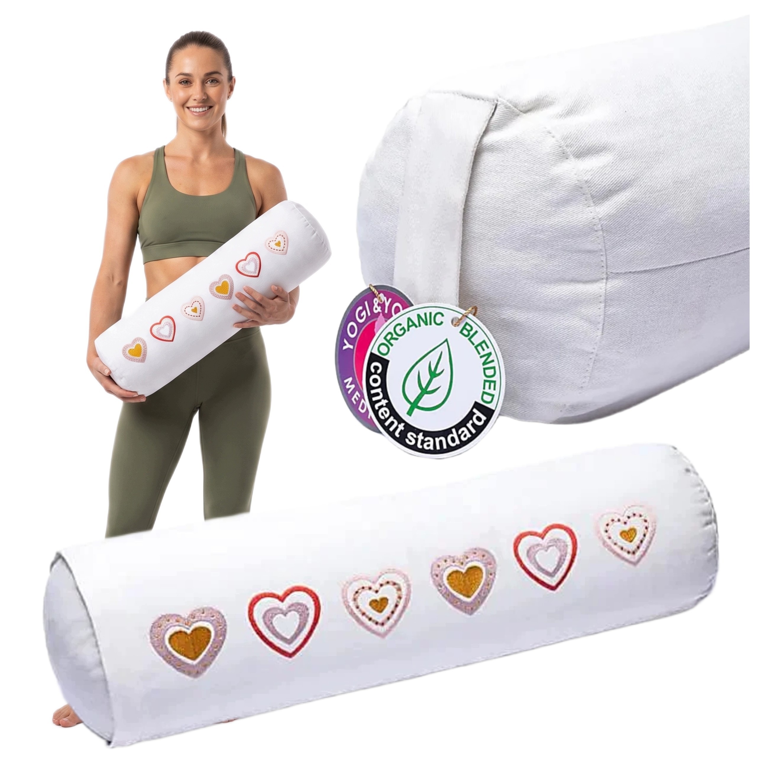 Bolster Yogi & Yogini Hearts, bavlna, 60 x 16 cm, bílá barva