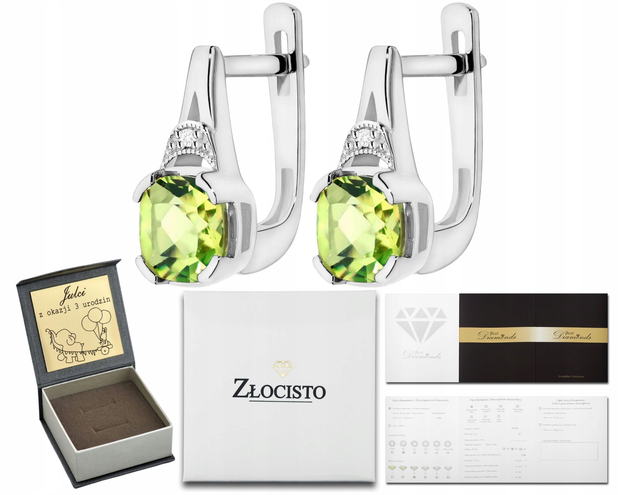 Bílé Zlato Náušnice Olivín Diamanty Brilianty Zlato 585 Jako Dárek Gravírování