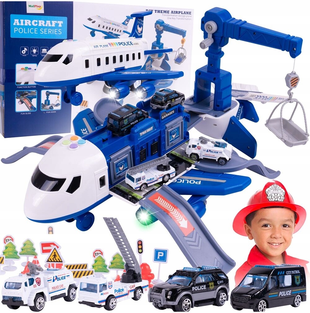 Interaktivní Letadlo Policie Rozkládací Parkoviště Auta Džbán Sada Dárek