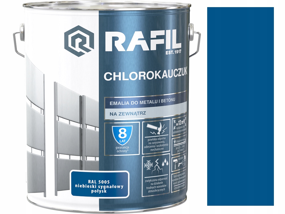 Rafil Chlorokauczuk Emalia Do Metalu I Betonu Niebieski Sygnałowy 5005 10L