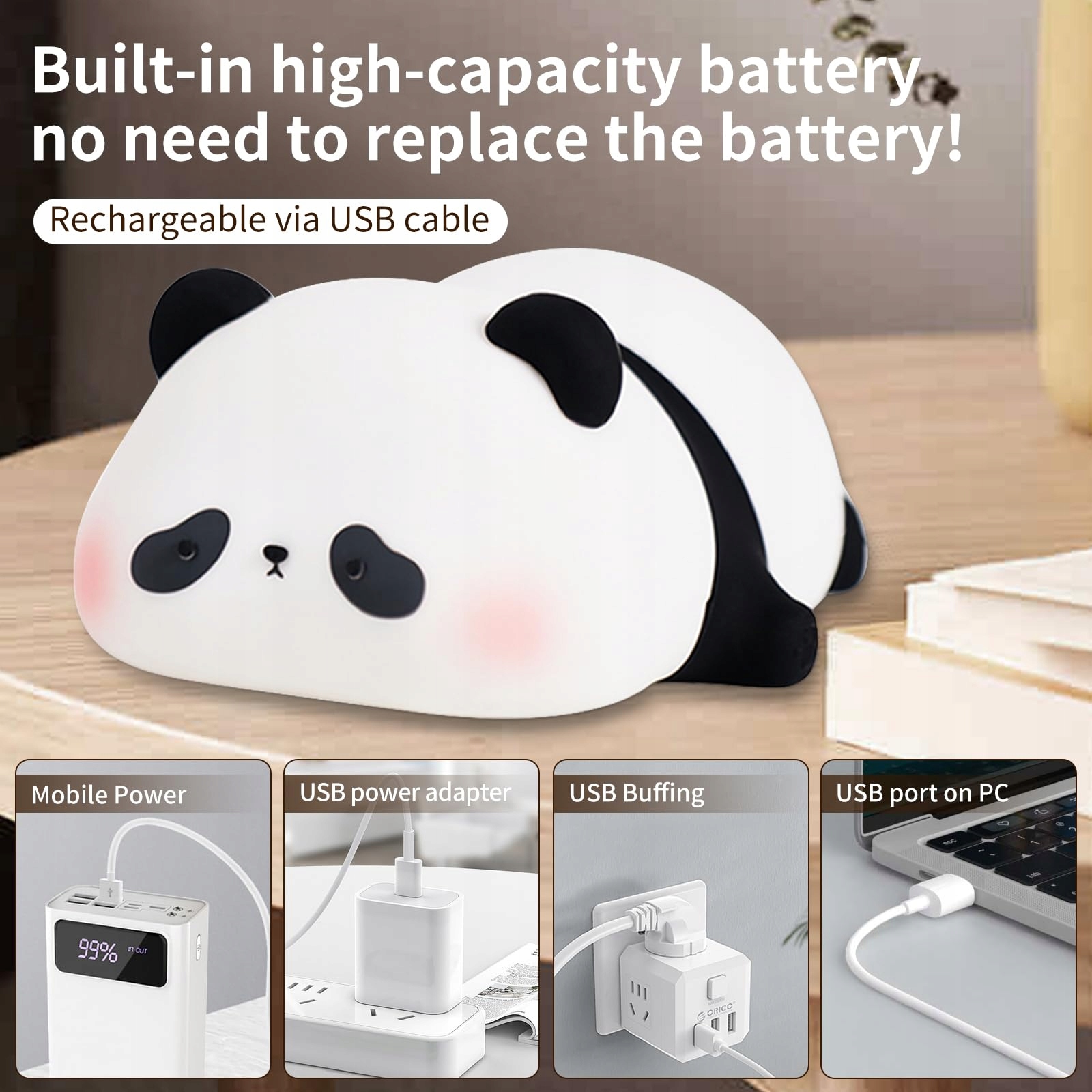 AMMTOO Lampka Nocna Dla Dzieci Panda Dotykowa Silikonowa USB — miniatura 7