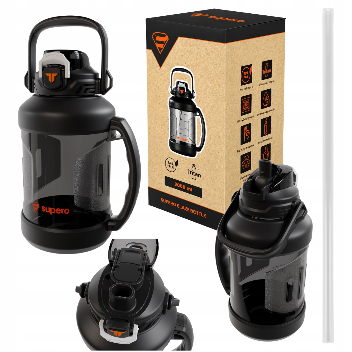 Láhev na vodu 2 l se sportovním brčkem a zámkem Bpa Free, velká