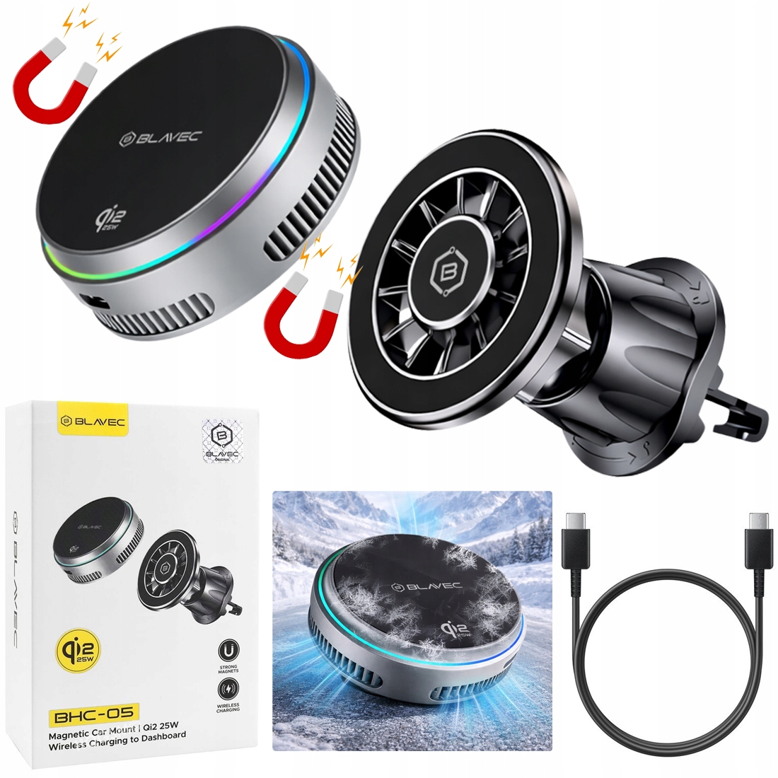 Magnetický držák do auta, odnímatelná bezdrátová nabíječka Qi2 25W