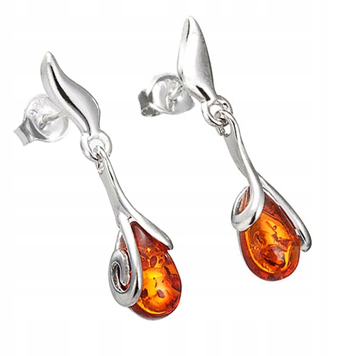 Stříbrné Náušnice na tyčku s přírodním Jantarem stříbro 925 Dlouhé Závěsné