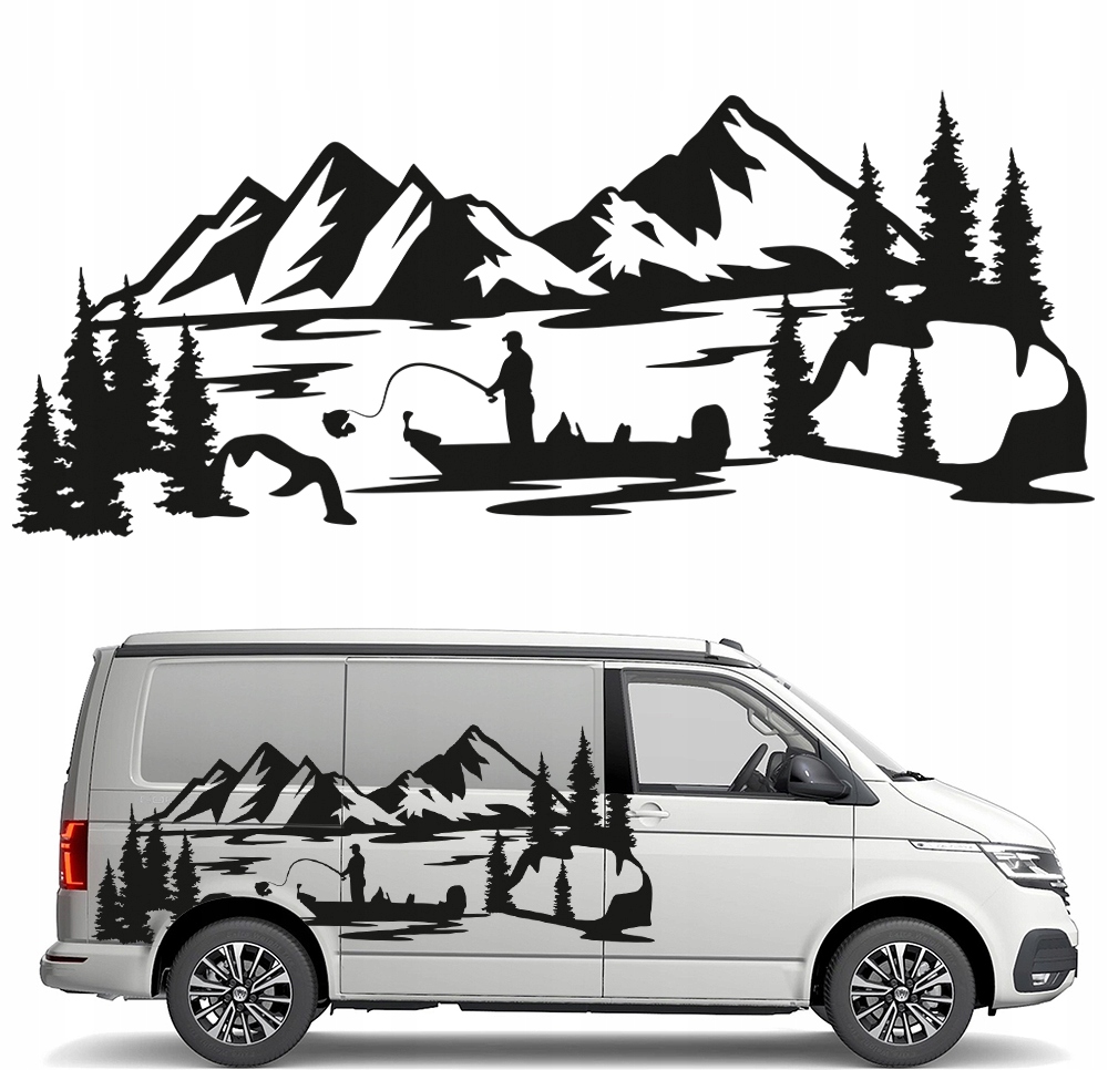 Nálepka Grafika na auto karavan Rybář Jezero Hory Fish 45x109