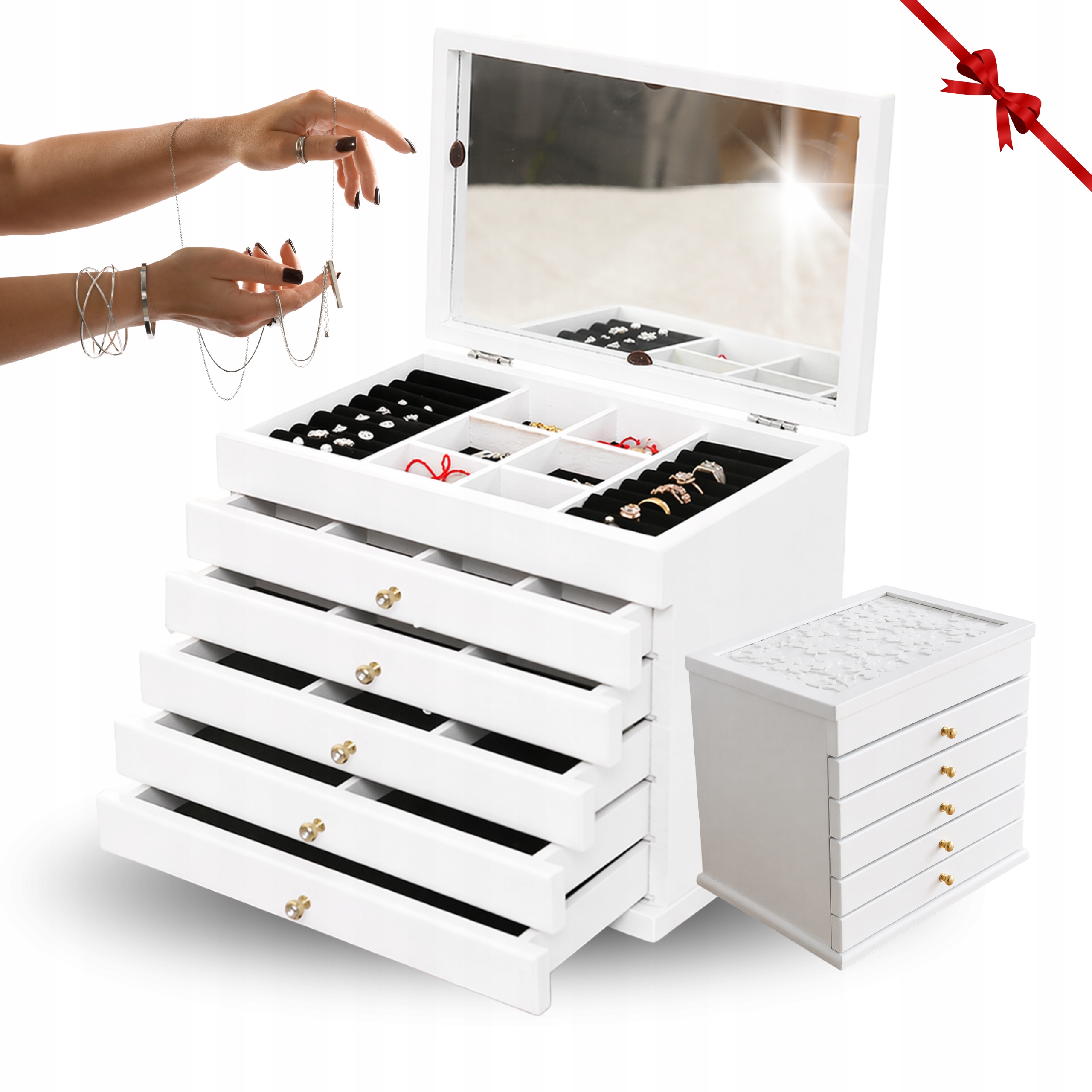 Krabička Kufřík Organizér Na Šperky Dřevěný Bílý Se Zrcátkem Box