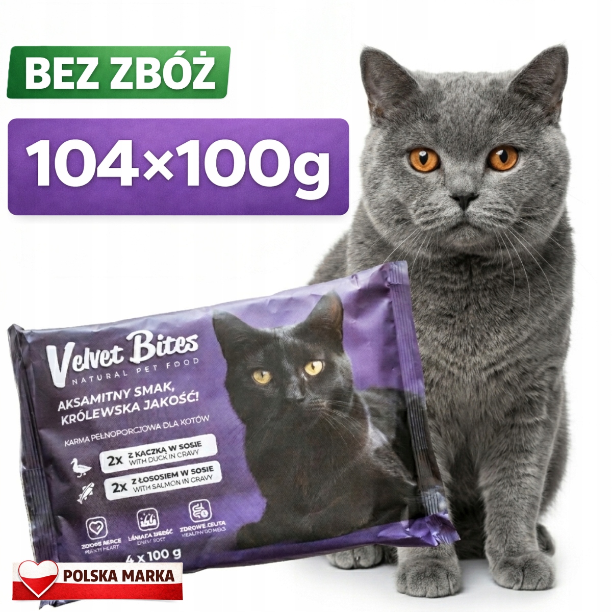 Mokra karma dla kota 104×100g Saszetki z kaczką i łososiem w sosie Bez Zbóż