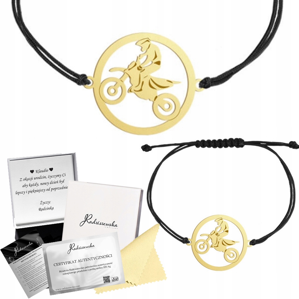 Náramek Zlatý Motokrosový Provázek Stříbro 925 Narozeniny Gravírování Bonus