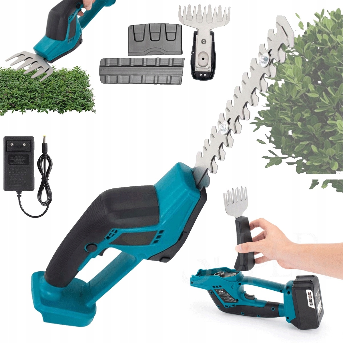 Bezdrátové nůžky na živý plot s dvojitým spínačem, modré