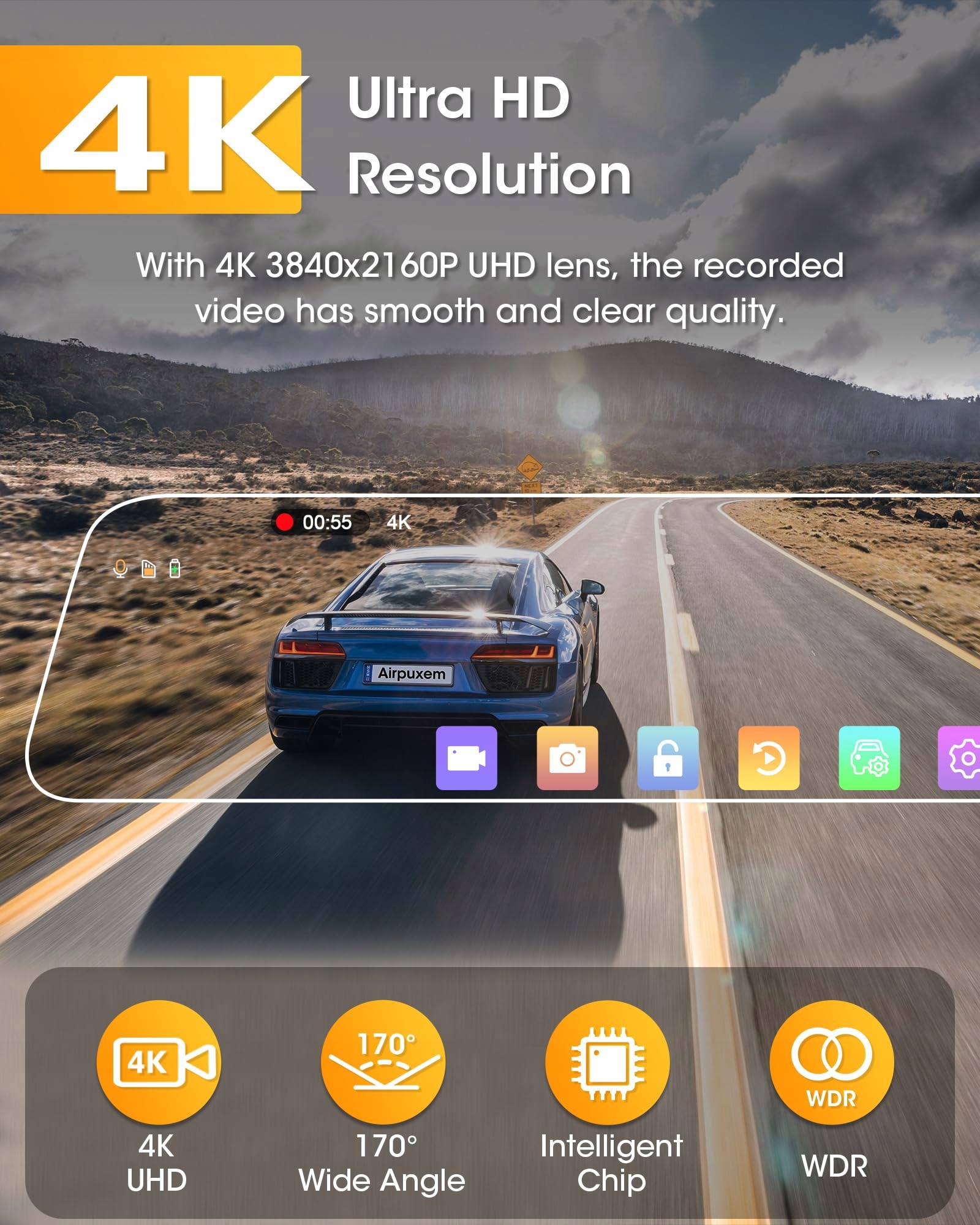4K Airpuxem Lusterko Dashcam 10" IPS WiFi Przód Tył 64GB SD — miniatura 2