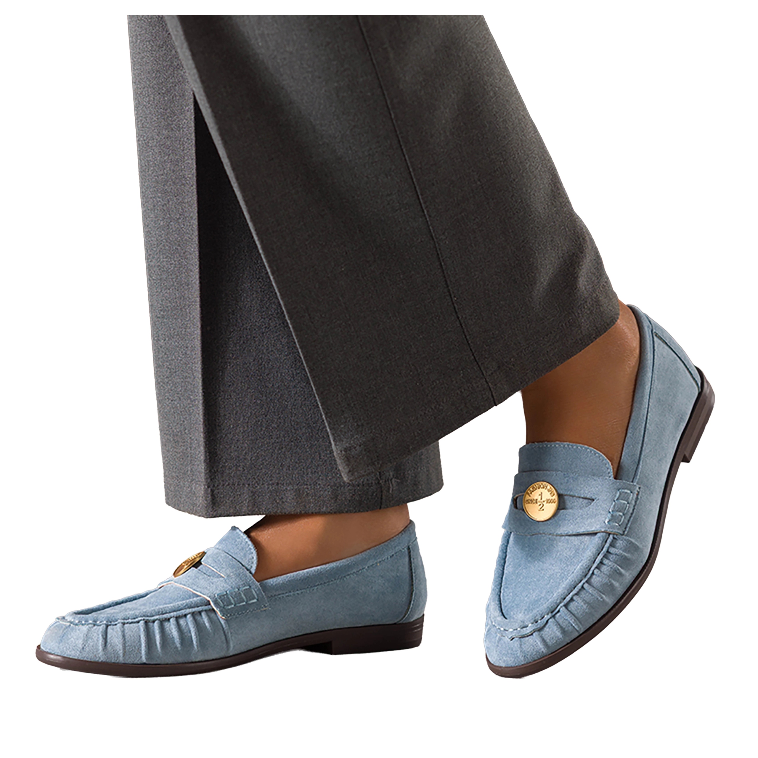 Modré dámské ploché mokasíny se zlatou ozdobou, Pohodlné, semišové, velikost 38