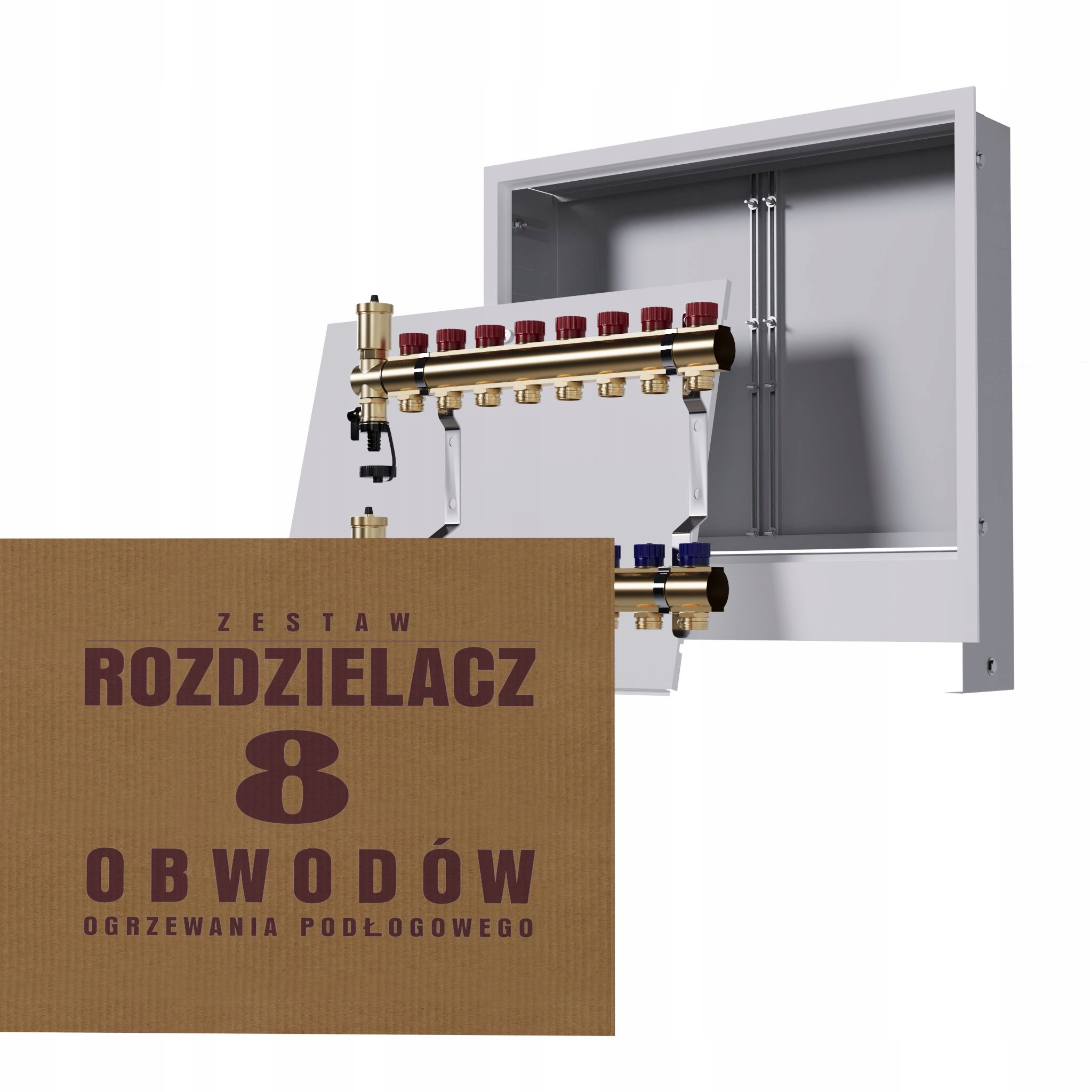 Manuální rozdělovač 8 okruhů pro radiátory podomítková skříňka
