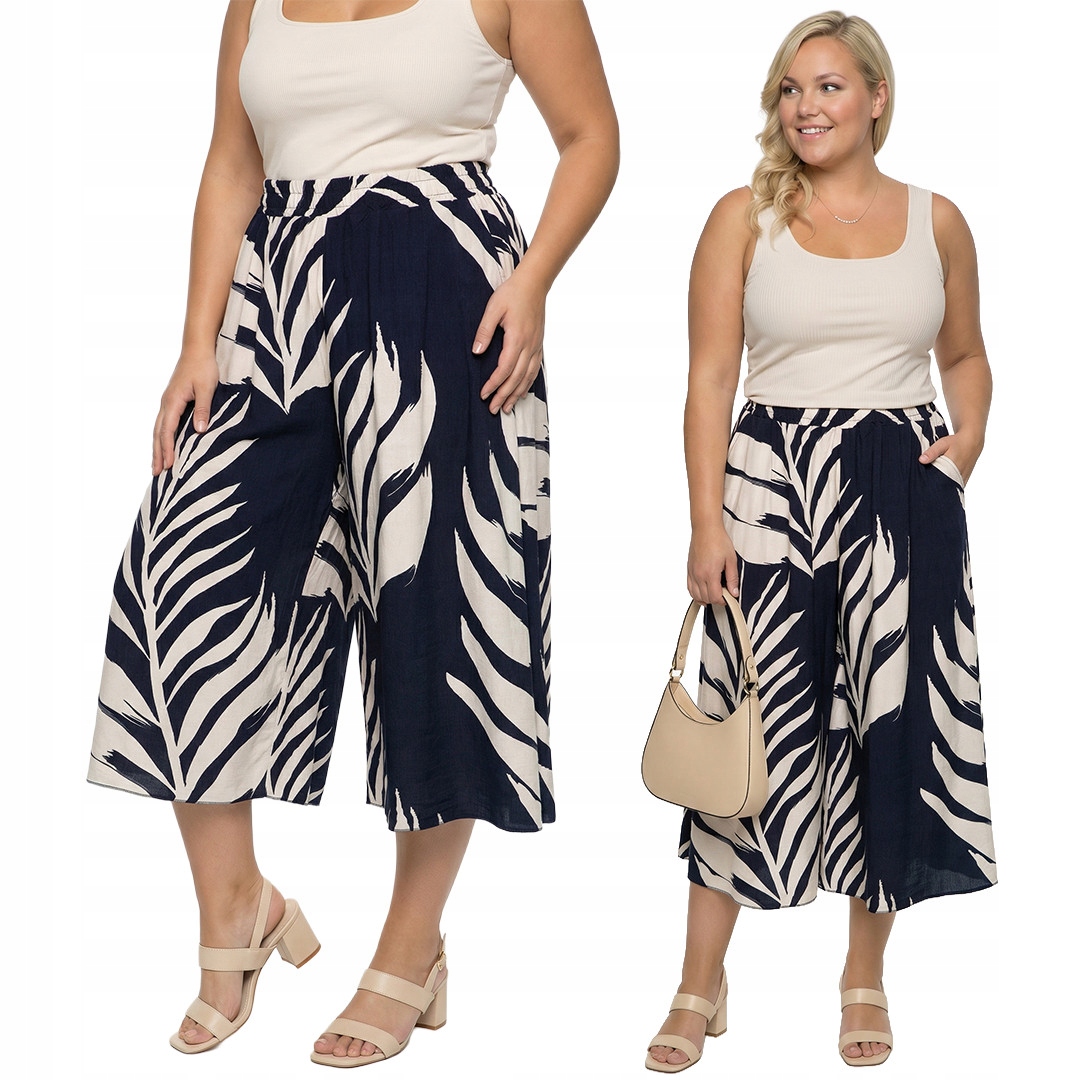 Tmavě modré kalhoty s béžovými listy plus size velikost 46