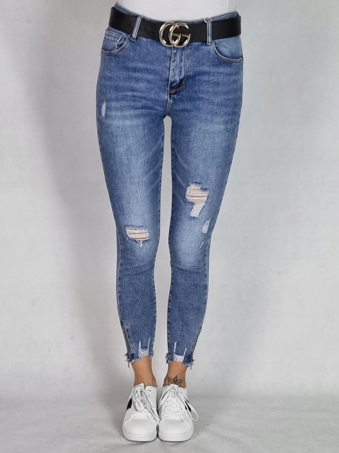 M.SARA SPODNIE JEANS 7/8 Z DZIURAMI I ZAMKIEM 26 Długość nogawki 7/8