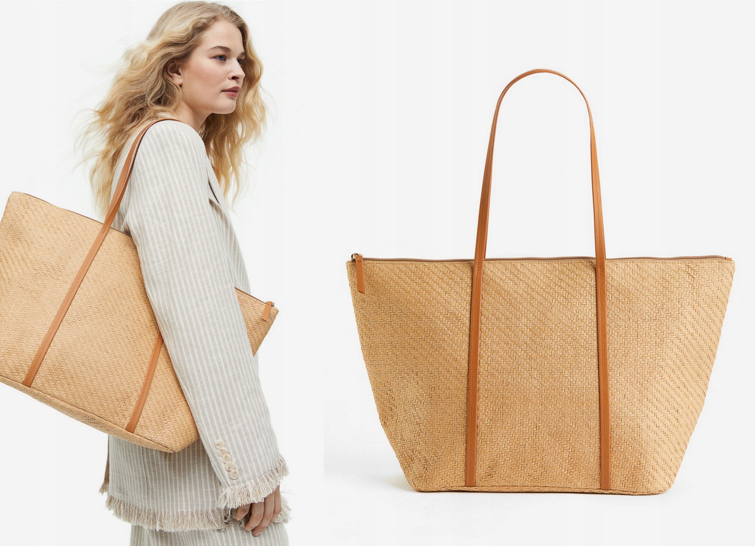 H&M beżowa torebka NOWA koszyk rafii plażowa shopper