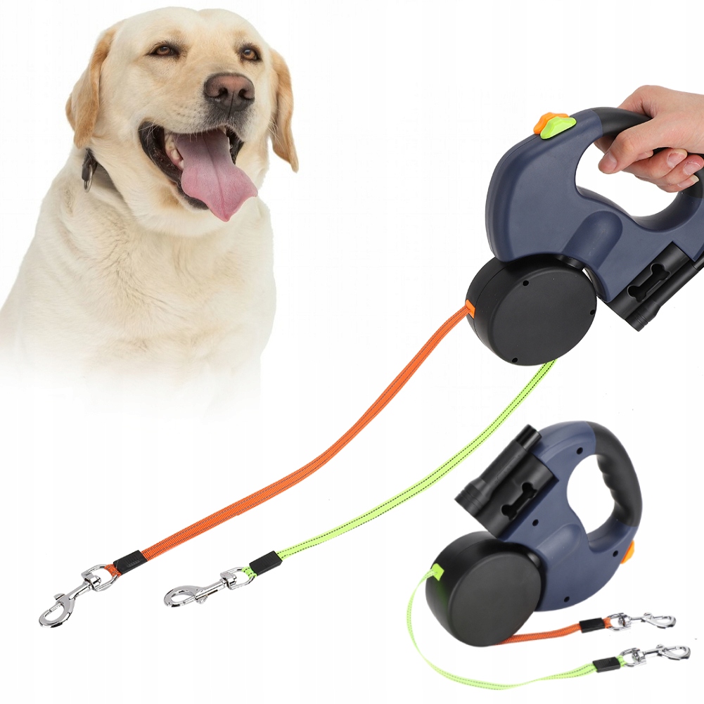 Smycz Automatyczna Podwójna Dla Dwóch Psów Z Latarką Odblaskowa 300CM