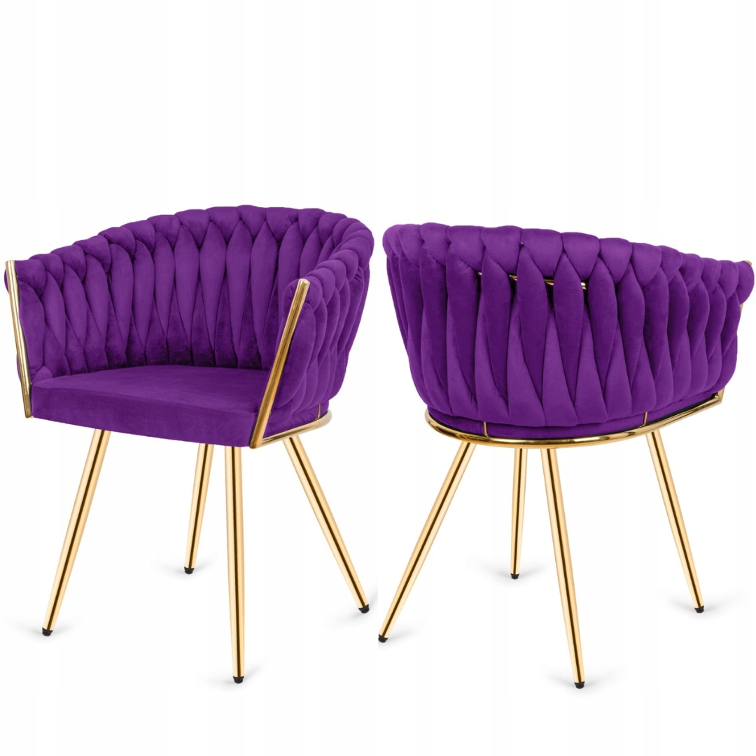 Fotel pleciony welurowy fioletowe Krzesło warkocz Glamour do salonu jadalni