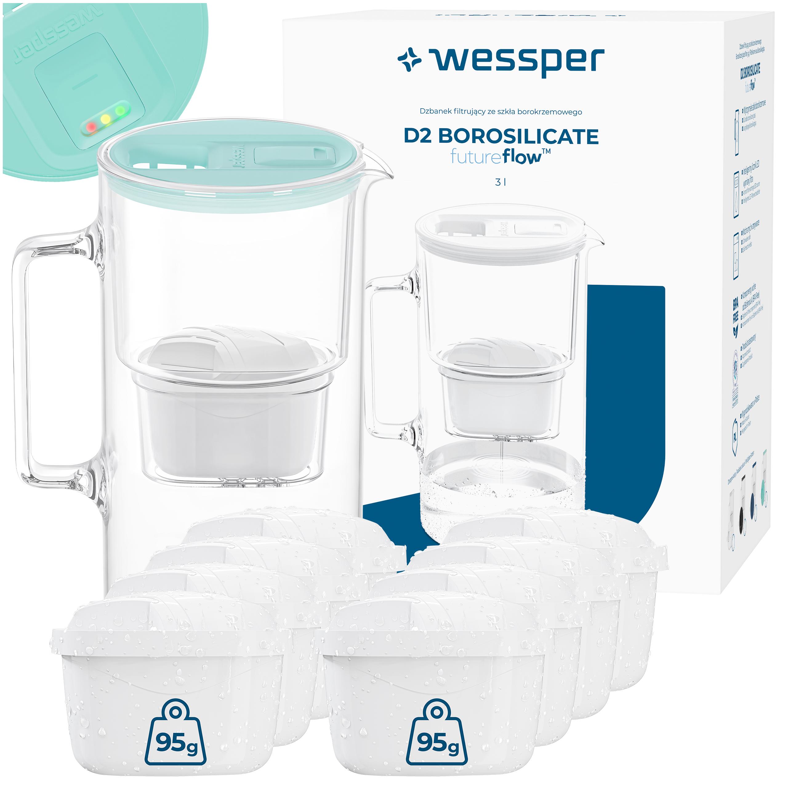 Skleněná filtrační konvice Wessper D2 Borosilicate 3 l futureflow 9 x filtr